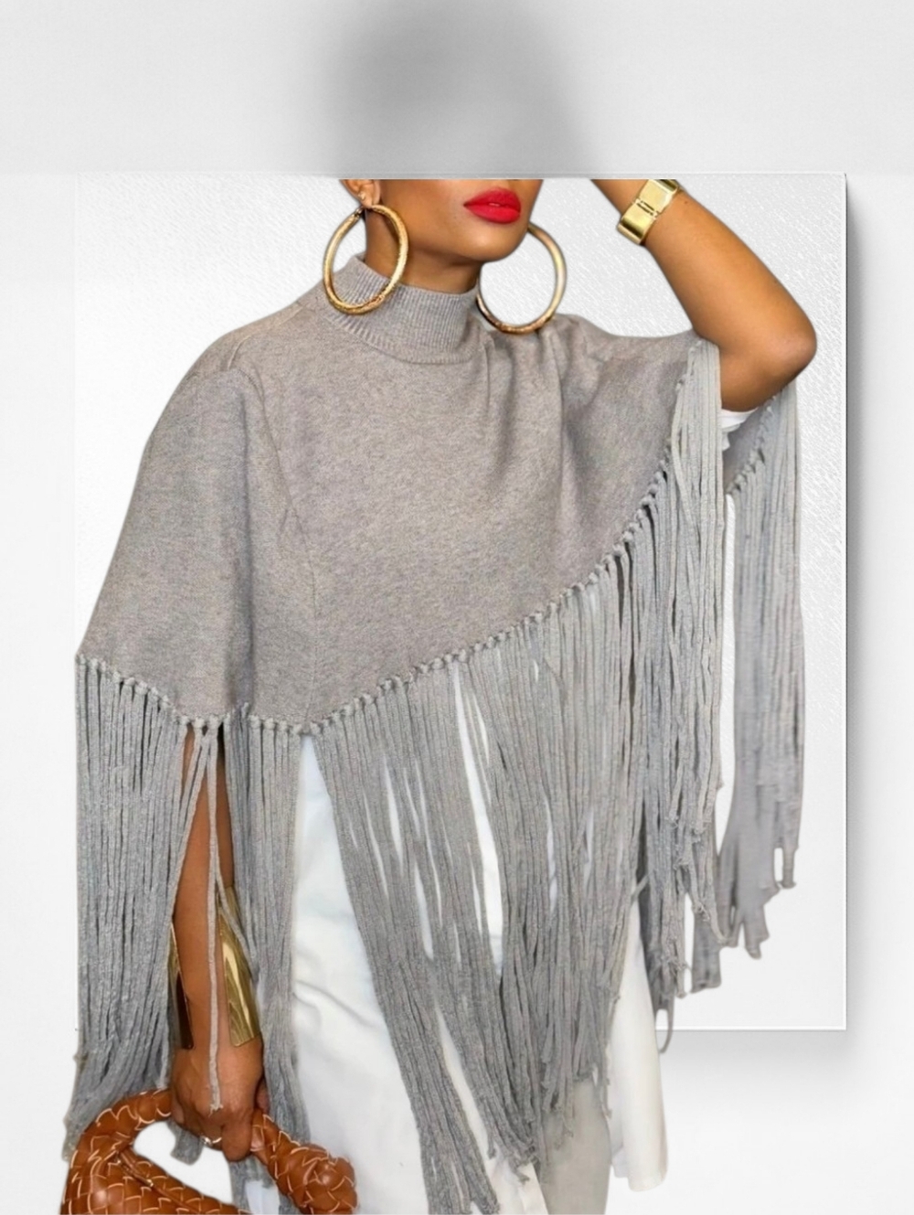 Fringe Frenzy Knit Poncho ▪︎ Slate ▪︎ XL